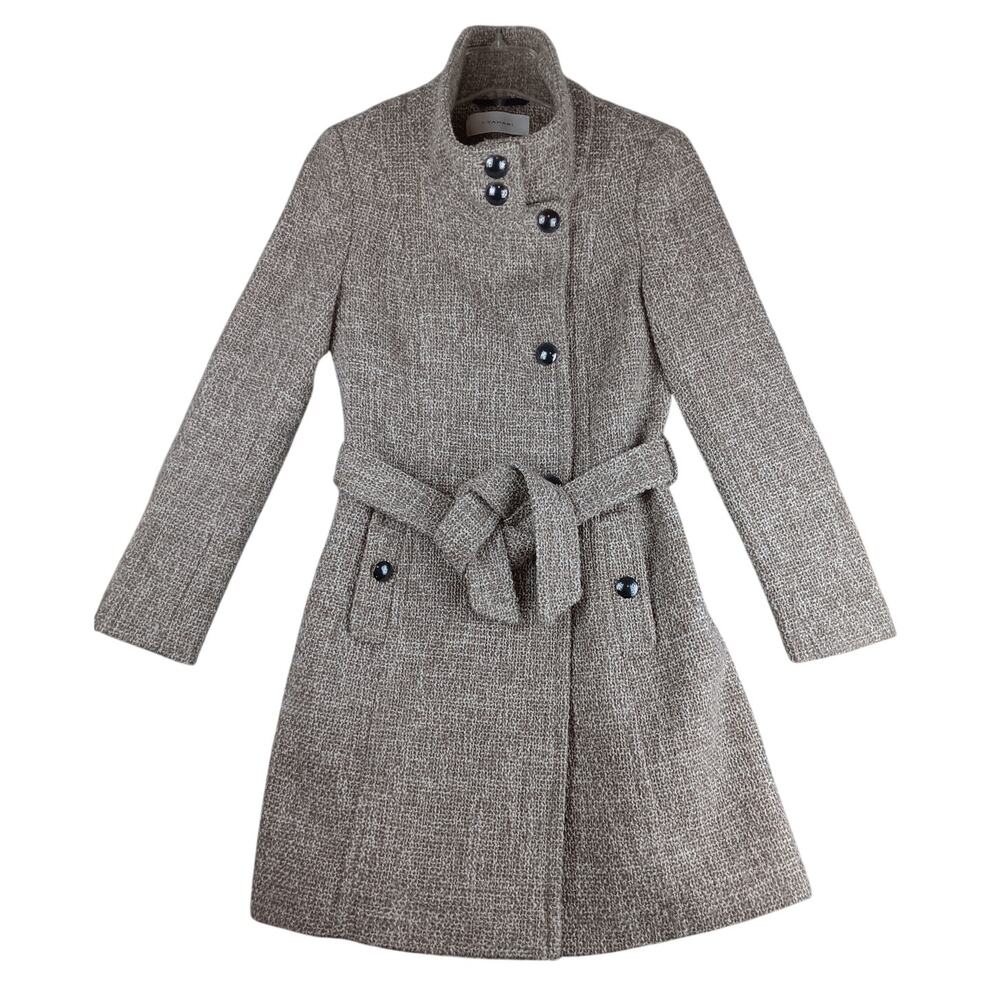 T Tahari‎ Tweed Pea Coat Womens 6 Mink Gray Wool Blend Military Belted Winter